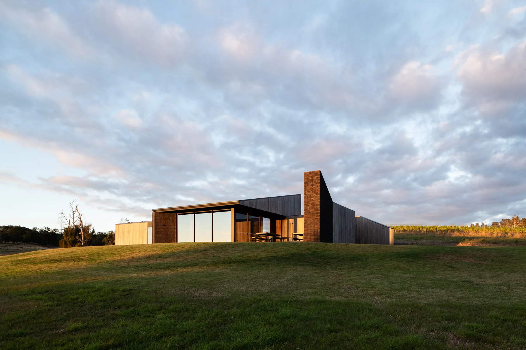 This low-profile cellar door features dark vertical wood cladding and large glass windows that reflect the late afternoon sky. It is situated on a grassy hill, with a prominent brick wall adding a vertical element to its geometric design.