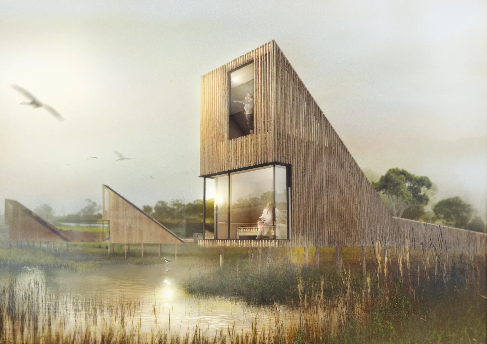 An architectural visualisation of a modern timber-clad stilt cabin with a distinctive sloped roof, set in a misty, sun-drenched wetland habitat. The design prioritises panoramic views of the water, with large corner glass windows.