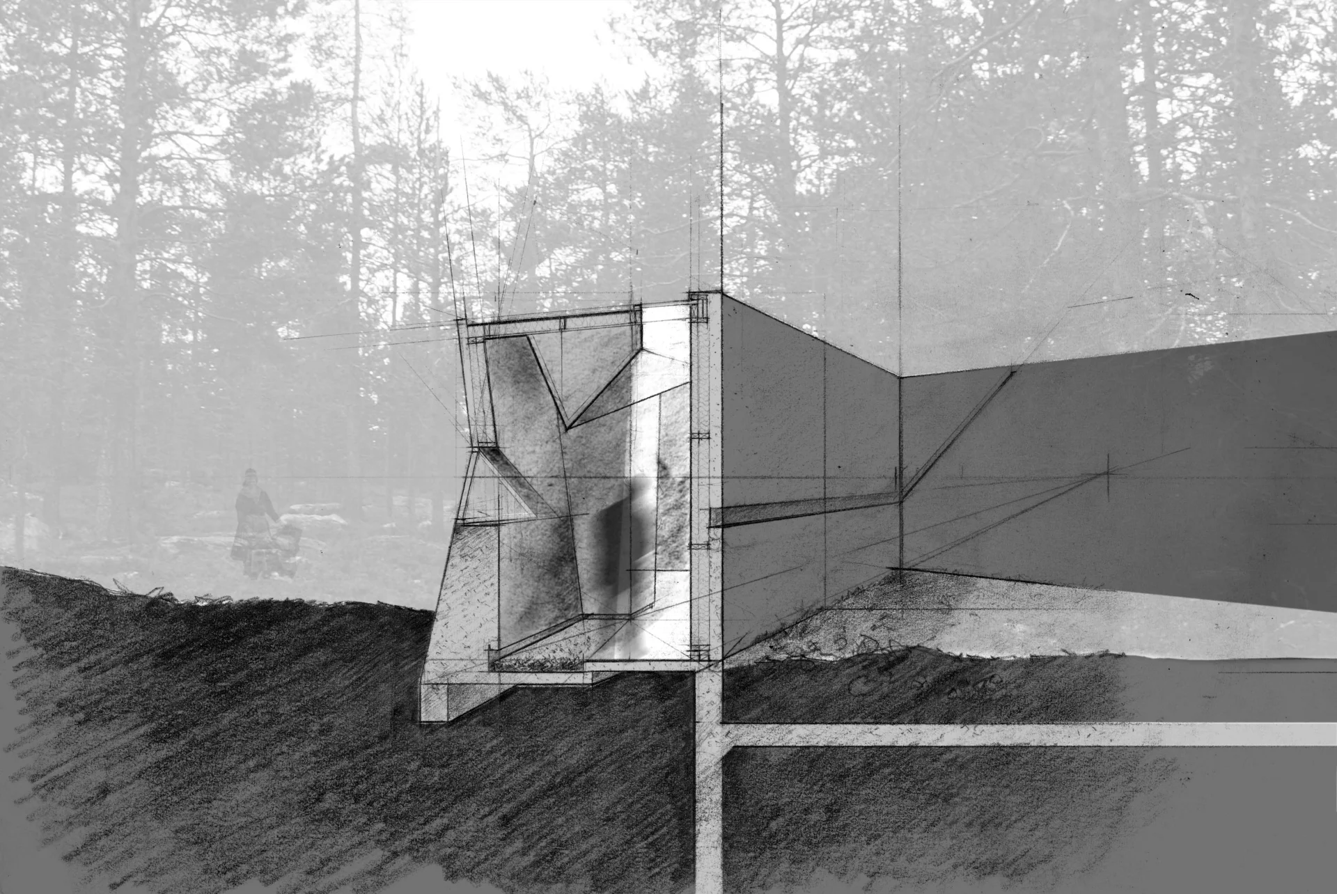 A conceptual architectural section drawing showing a series of angular, fragmented structures embedded within a landscape, with fine linework and tonal shading layered over a faint forest backdrop.