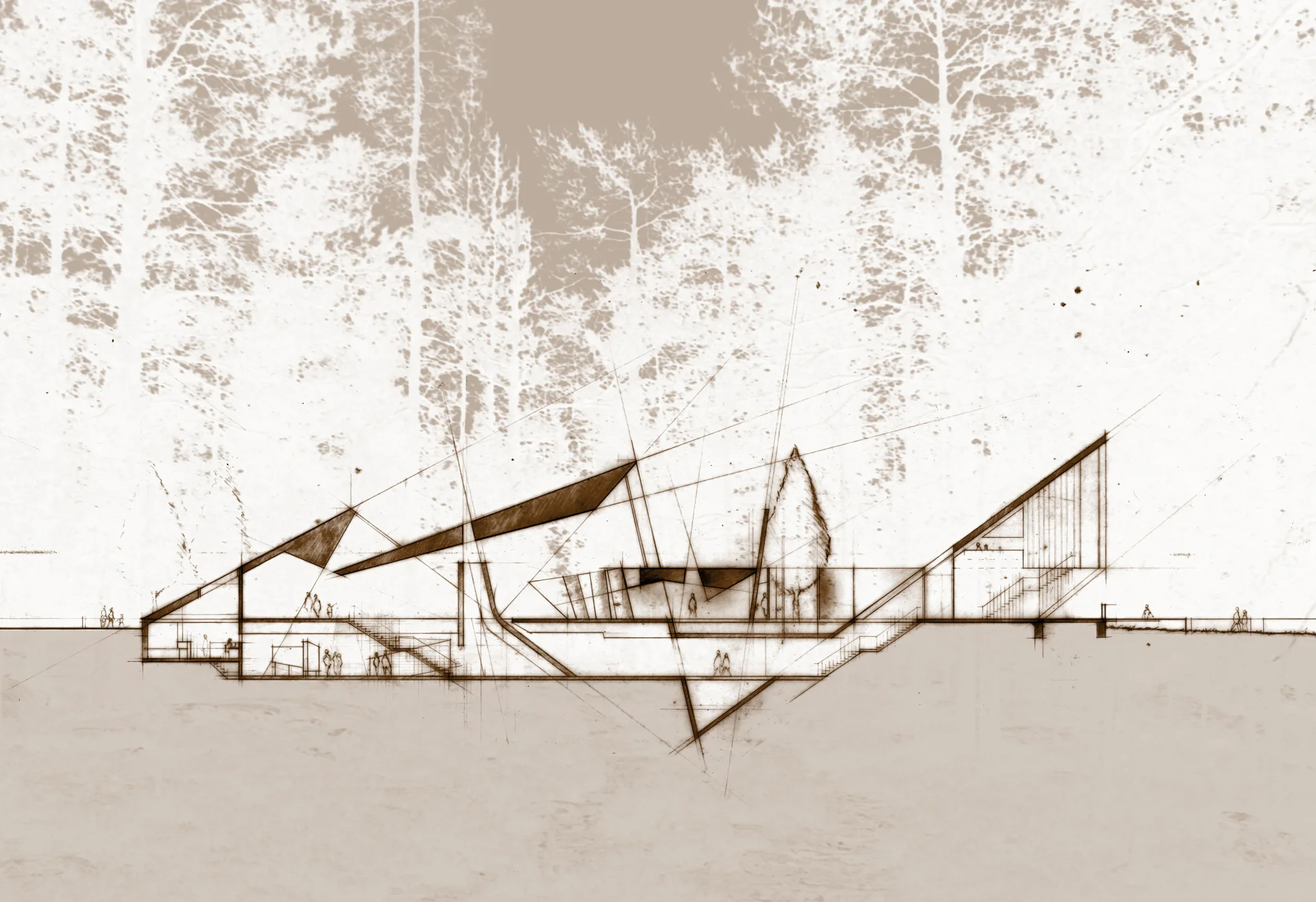 A conceptual architectural drawing of a monolithic, geometric structure partially embedded in the ground, shown in section with heavy shading and fine construction lines against a faint wooded background.