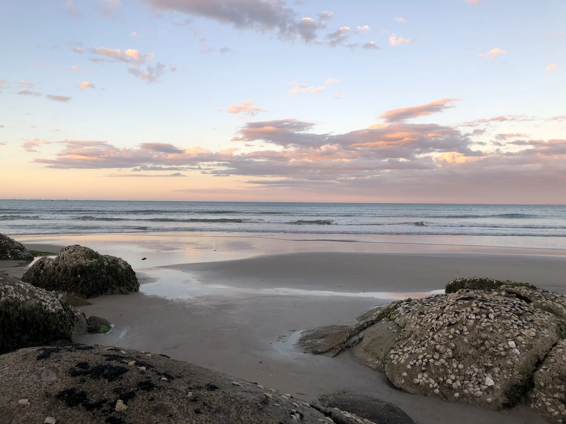 A coastal landscape at sunset, with soft pastel clouds stretching across the sky above a calm ocean horizon, framed by textured rock formations in the foreground.