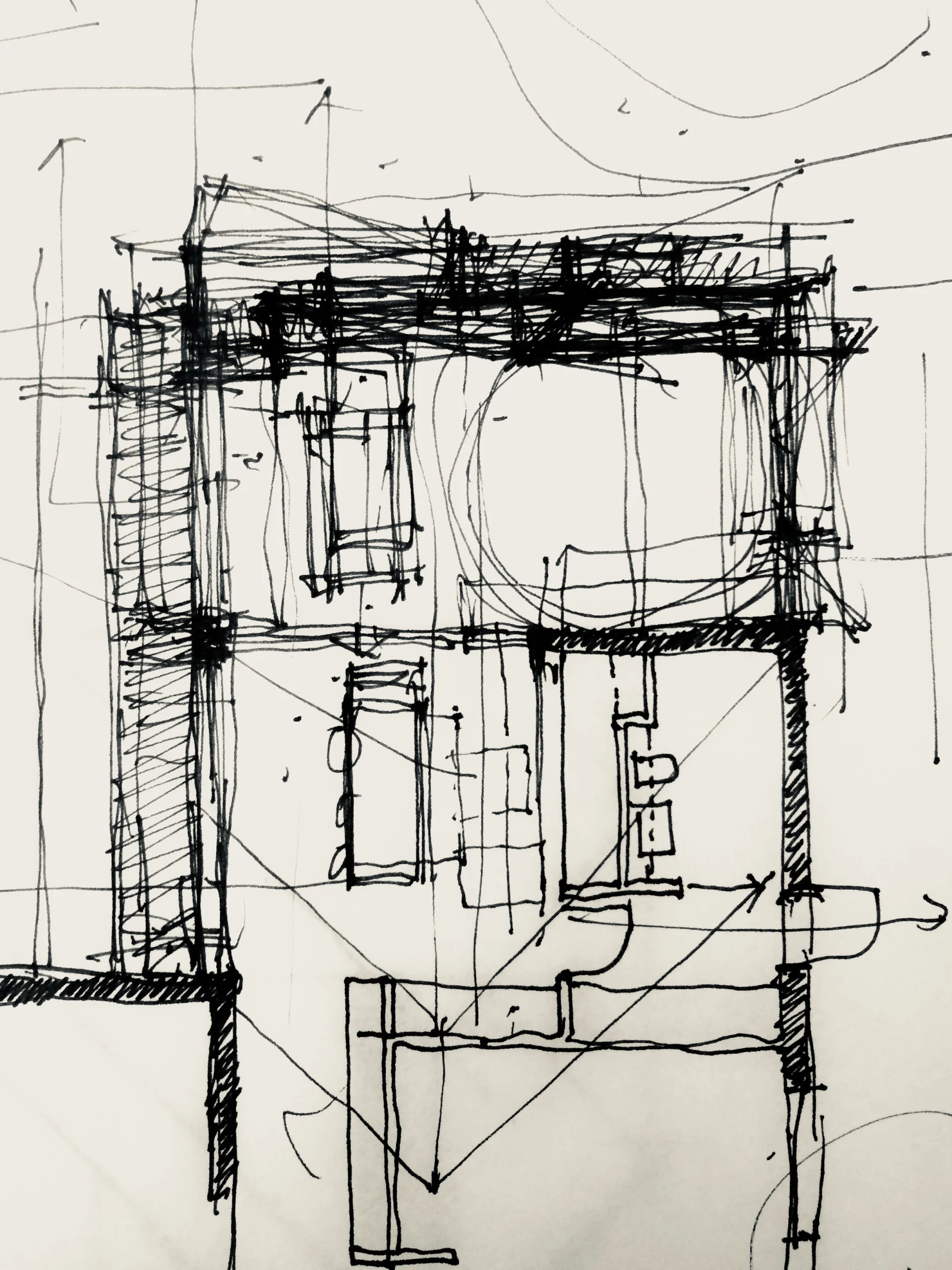 A loose, hand-drawn architectural sketch, layered with overlapping lines and annotations that explore structure, circulation, and spatial relationships in an expressive, conceptual manner.