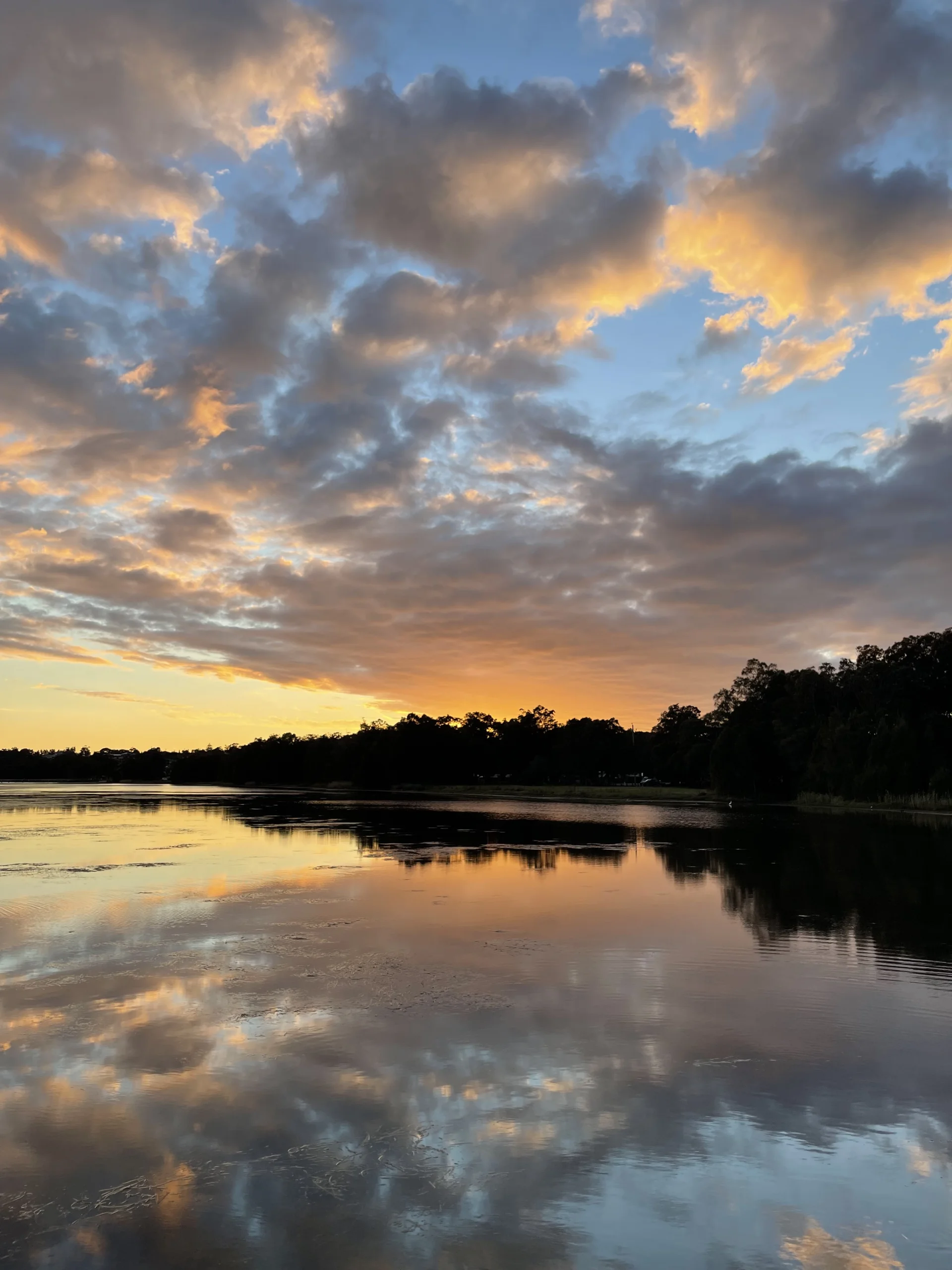 A tranquil sunset over still water, with scattered clouds reflecting across the surface. The warm tones of the sky contrast with the dark silhouette of trees along the horizon.