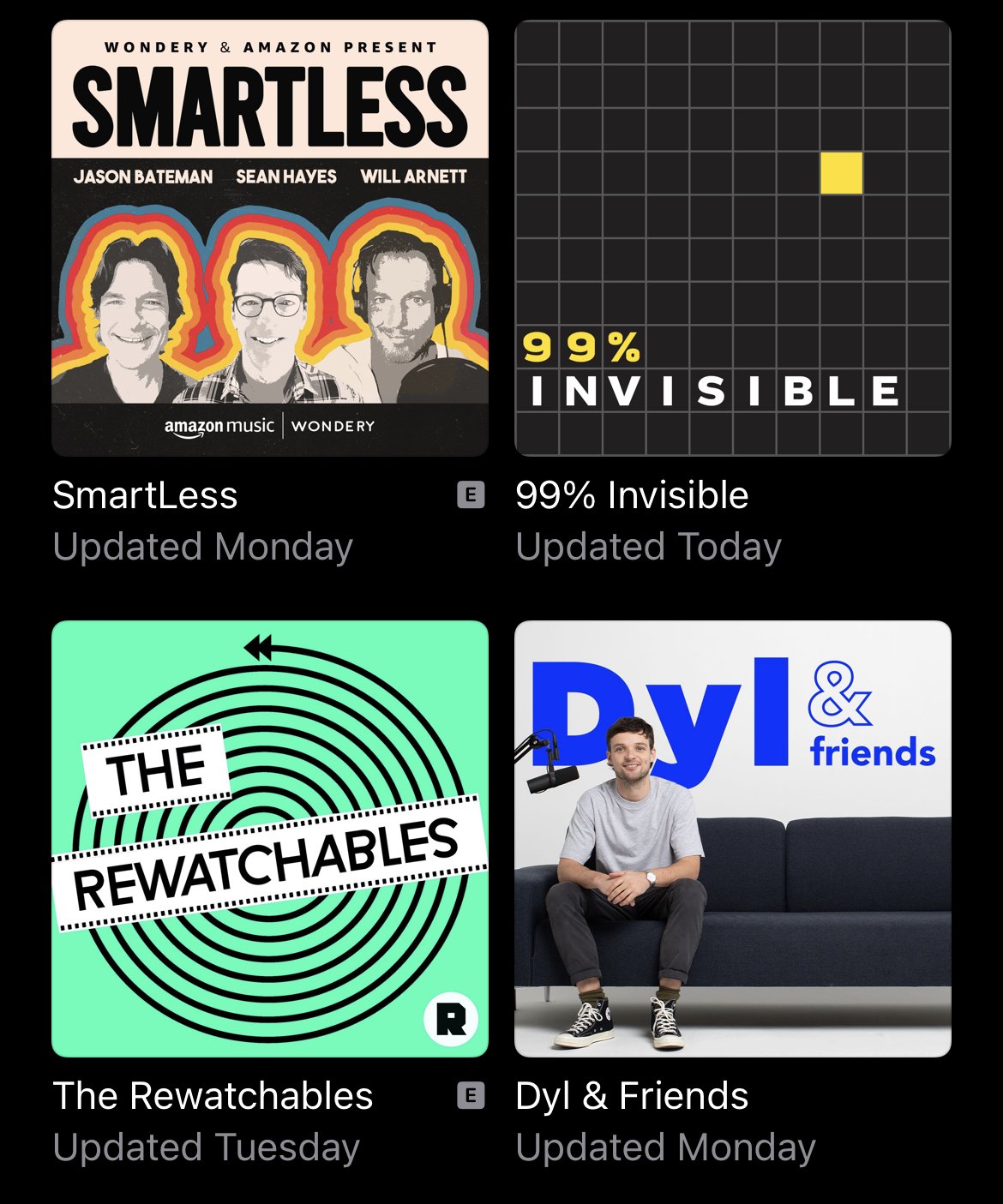 A screenshot of a podcast app interface showing a selection of Todd's favourite shows, including SmartLess, 99% Invisible, The Rewatchables, and Dyl & Friends.